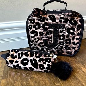 Justice “J” rose gold sequin lunchbox and matching pencil case
